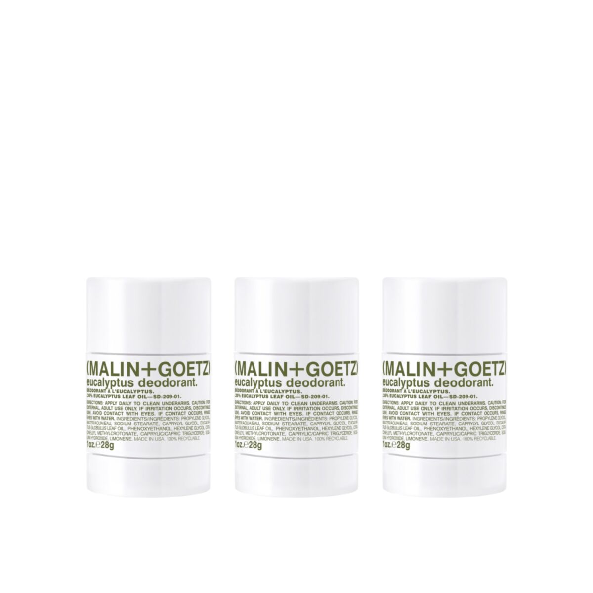 Three white cylindrical deodorant sticks with green and black text on a plain white background. The visible brand text reads 'IMALIN+GOETZ'.