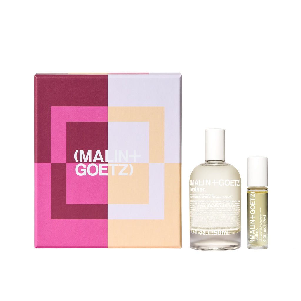 layers of leather gift set includes leather eau de parfum. 1.7 fl. oz.  / 50ml and leather perfume oil. 0.2 fl. oz. / 7ml
