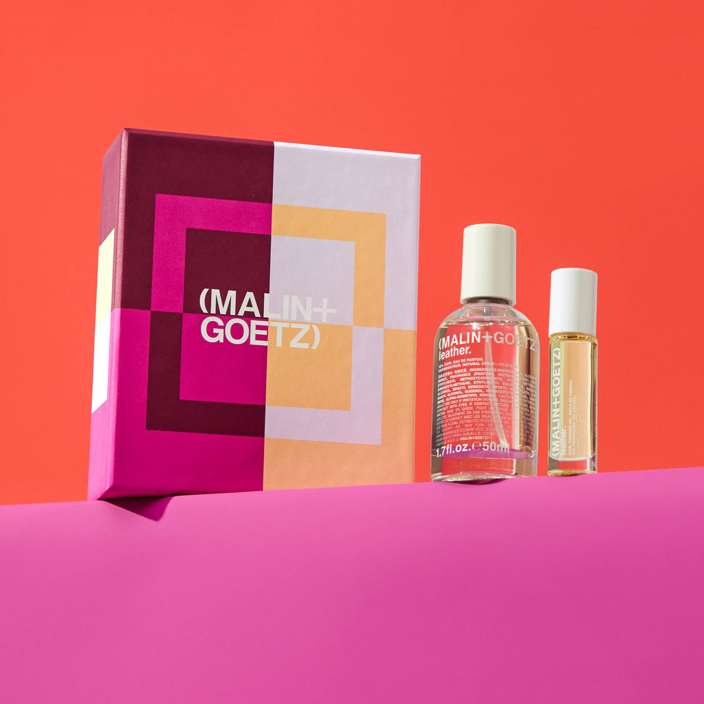 layers of leather gift set includes leather eau de parfum. 1.7 fl. oz.  / 50ml and leather perfume oil. 0.2 fl. oz. / 7ml