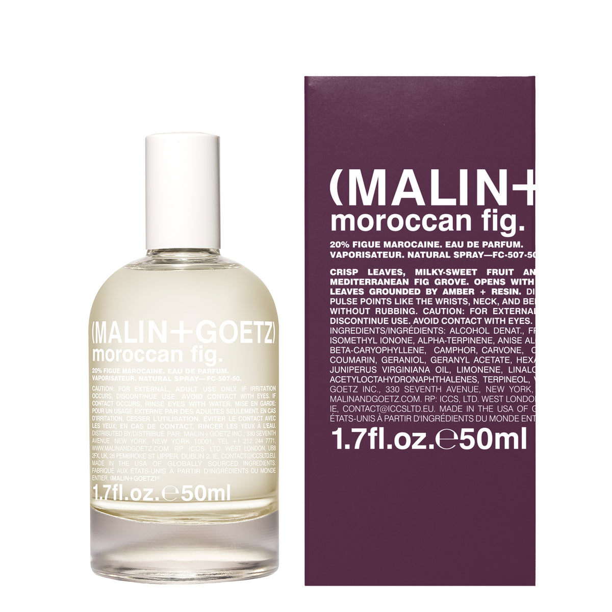 A bottle of Malin + Goetz Moroccan Fig Eau de Parfum next to its dark purple packaging box, on a clean white background.
